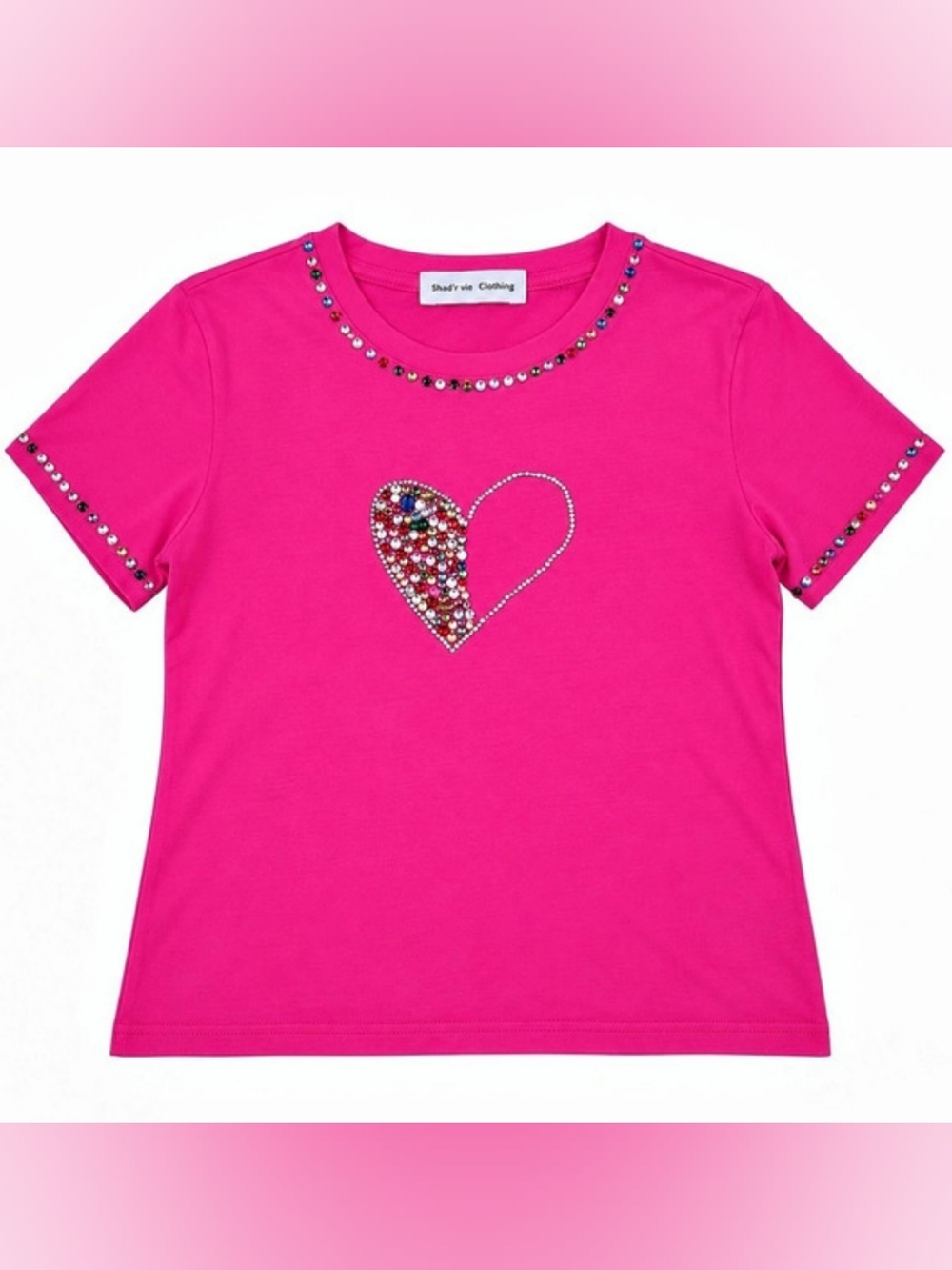 Shady's Clothing Short Sleeve Heart Embellished Pink Tee Like New